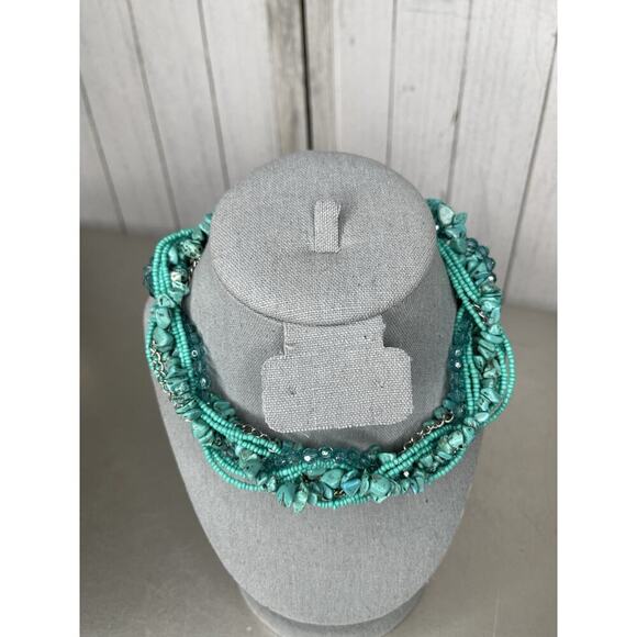 Turquoise Beaded Twisted Multi Strand Choker Short Boho Necklace - Picture 1 of 4